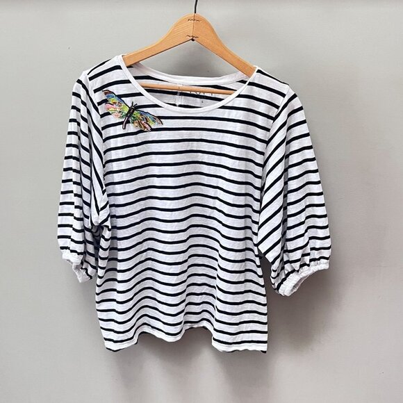 Loft Beaded Dragonfly Black and White Striped T-shirt- Size Small - Picture 1 of 6